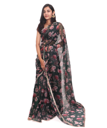 Dark Green Colour Floral Print Soft Pure Organza Silk Saree - Fabric Dekho